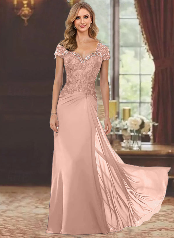 Sweetheart Short-Sleeve Floor-Length Sheath Mother of the Bride Dress with Lace Appliques & Sequins-BMbridal