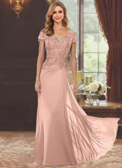 Sweetheart Short-Sleeve Floor-Length Sheath Mother of the Bride Dress with Lace Appliques & Sequins-BMbridal