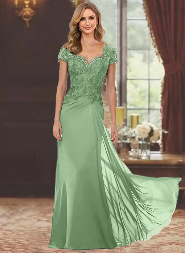 Sweetheart Short-Sleeve Floor-Length Sheath Mother of the Bride Dress with Lace Appliques & Sequins-BMbridal