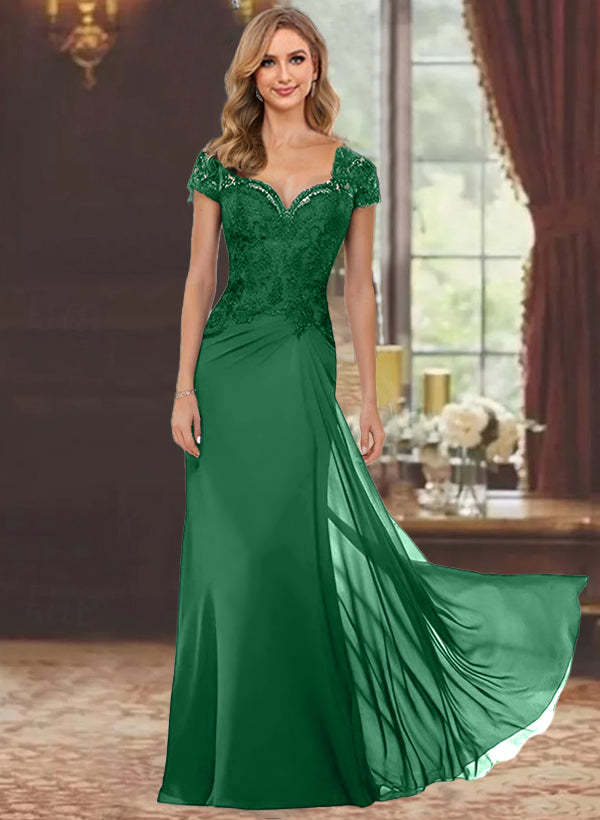 Sweetheart Short-Sleeve Floor-Length Sheath Mother of the Bride Dress with Lace Appliques & Sequins-BMbridal