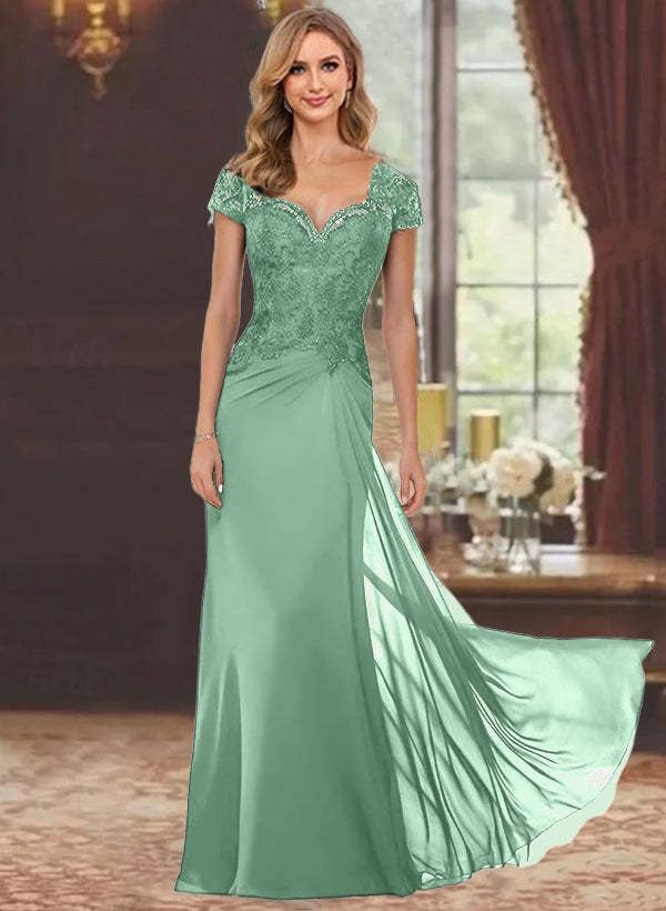 Sweetheart Short-Sleeve Floor-Length Sheath Mother of the Bride Dress with Lace Appliques & Sequins-BMbridal