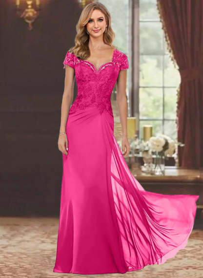 Sweetheart Short-Sleeve Floor-Length Sheath Mother of the Bride Dress with Lace Appliques & Sequins-BMbridal