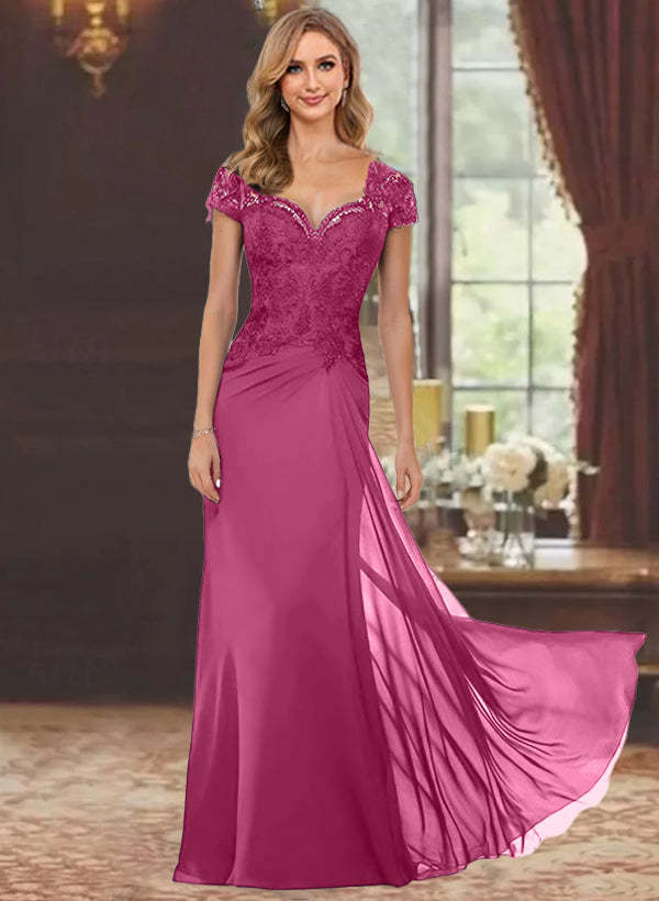 Sweetheart Short-Sleeve Floor-Length Sheath Mother of the Bride Dress with Lace Appliques & Sequins-BMbridal