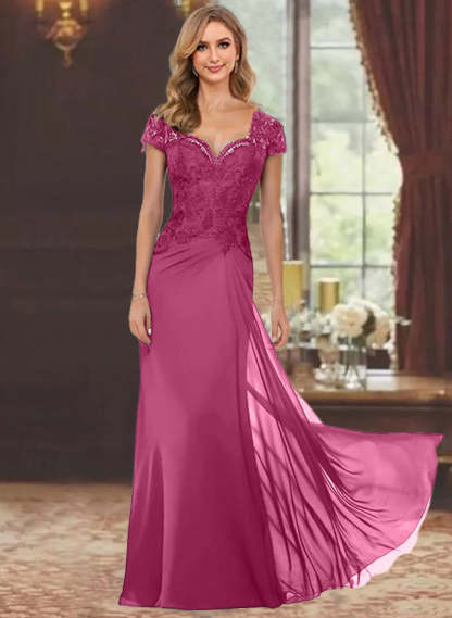 Sweetheart Short-Sleeve Floor-Length Sheath Mother of the Bride Dress with Lace Appliques & Sequins-BMbridal