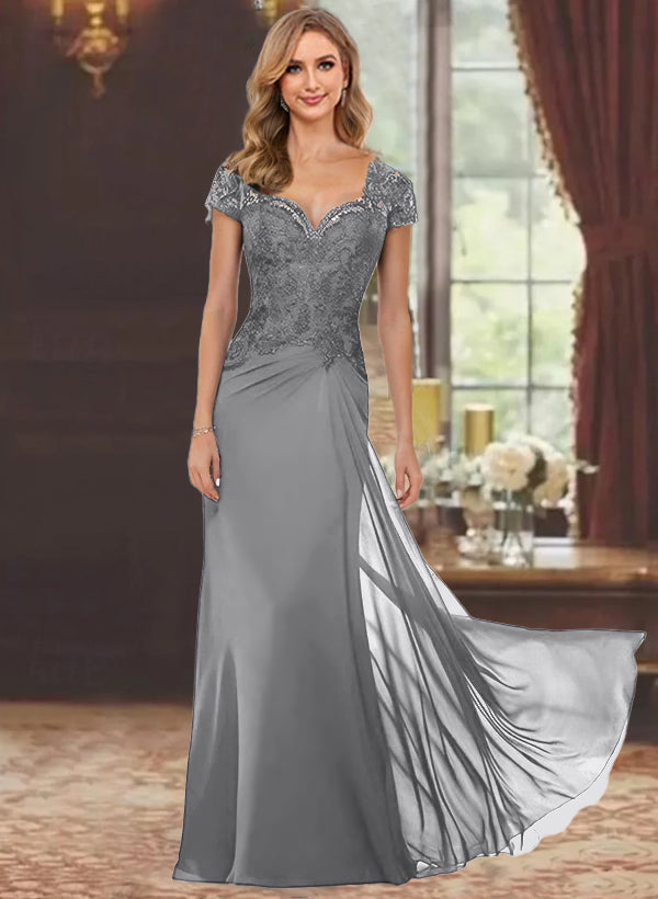 Sweetheart Short-Sleeve Floor-Length Sheath Mother of the Bride Dress with Lace Appliques & Sequins-BMbridal