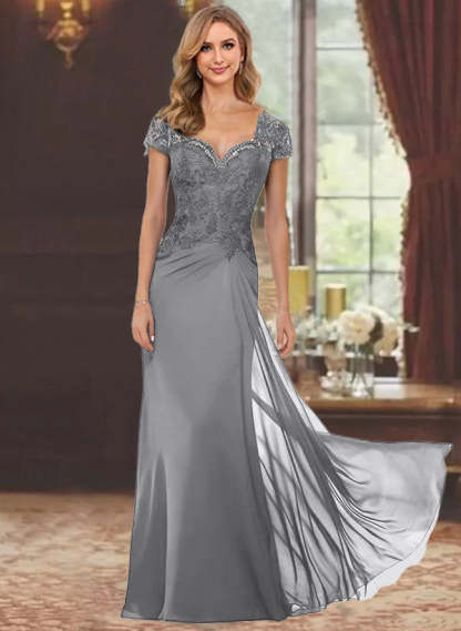 Sweetheart Short-Sleeve Floor-Length Sheath Mother of the Bride Dress with Lace Appliques & Sequins-BMbridal