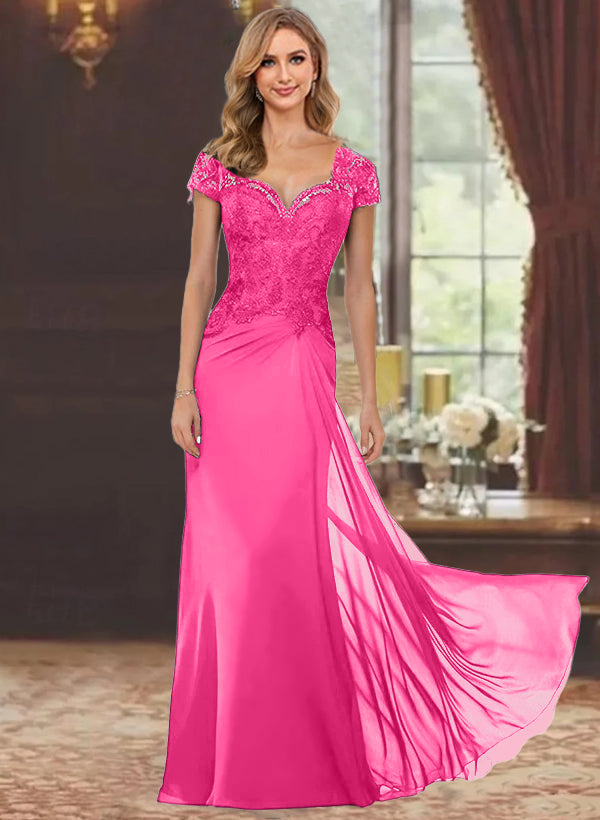 Sweetheart Short-Sleeve Floor-Length Sheath Mother of the Bride Dress with Lace Appliques & Sequins-BMbridal