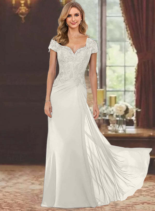 Sweetheart Short-Sleeve Floor-Length Sheath Mother of the Bride Dress with Lace Appliques & Sequins-BMbridal