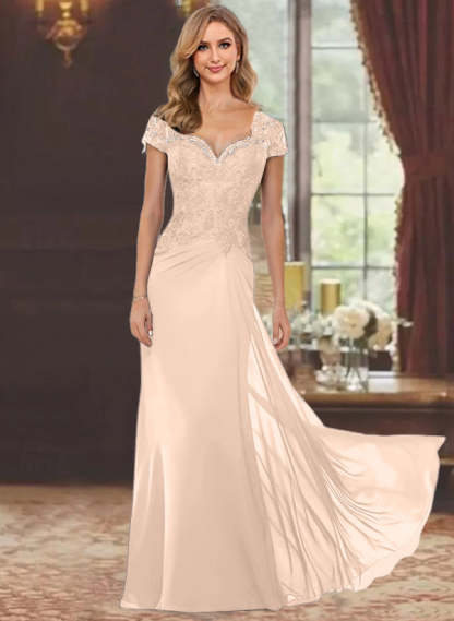 Sweetheart Short-Sleeve Floor-Length Sheath Mother of the Bride Dress with Lace Appliques & Sequins-BMbridal