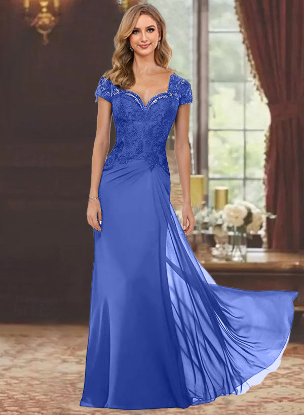 Sweetheart Short-Sleeve Floor-Length Sheath Mother of the Bride Dress with Lace Appliques & Sequins-BMbridal