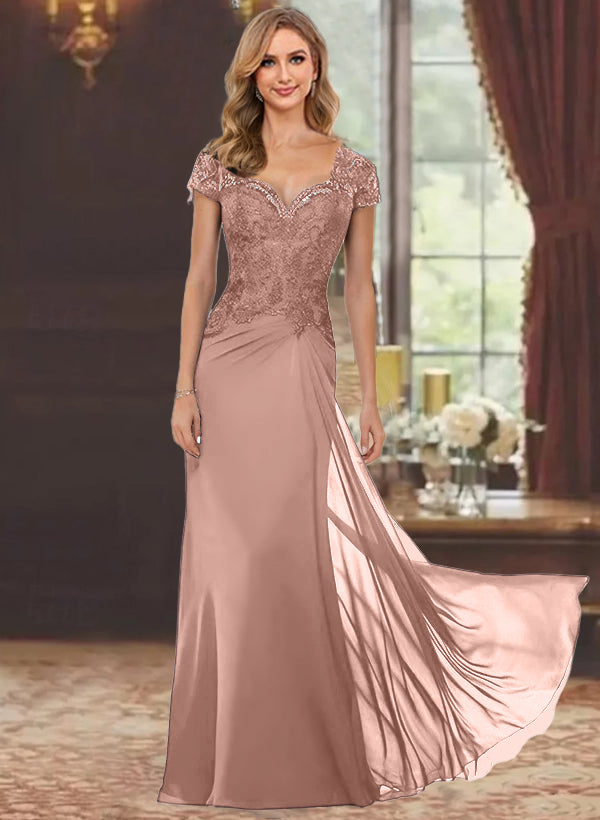 Sweetheart Short-Sleeve Floor-Length Sheath Mother of the Bride Dress with Lace Appliques & Sequins-BMbridal
