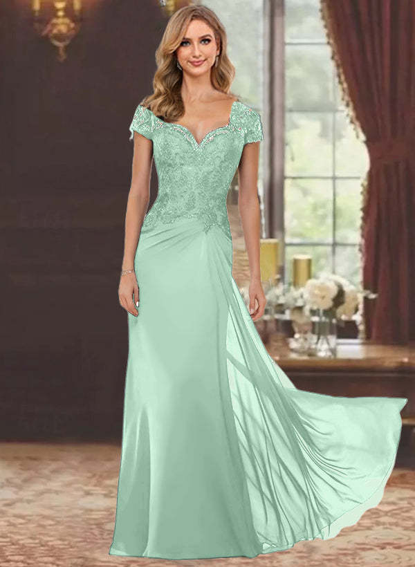 Sweetheart Short-Sleeve Floor-Length Sheath Mother of the Bride Dress with Lace Appliques & Sequins-BMbridal
