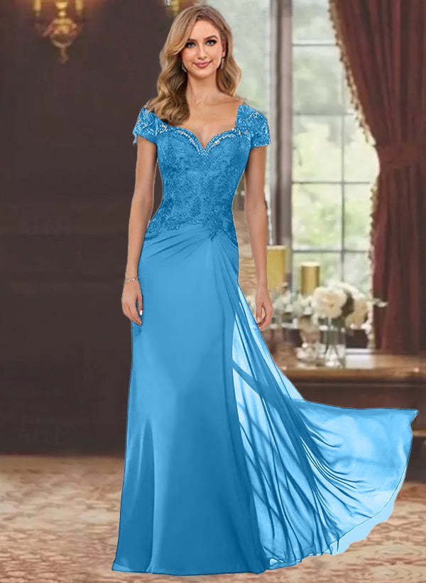Sweetheart Short-Sleeve Floor-Length Sheath Mother of the Bride Dress with Lace Appliques & Sequins-BMbridal