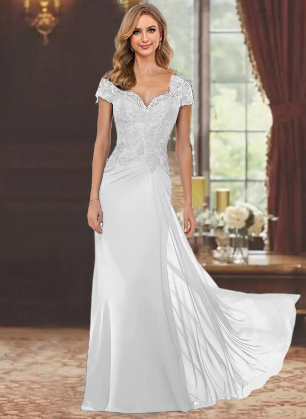 Sweetheart Short-Sleeve Floor-Length Sheath Mother of the Bride Dress with Lace Appliques & Sequins-BMbridal