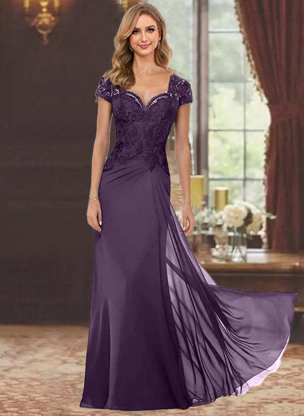 Sweetheart Short-Sleeve Floor-Length Sheath Mother of the Bride Dress with Lace Appliques & Sequins-BMbridal