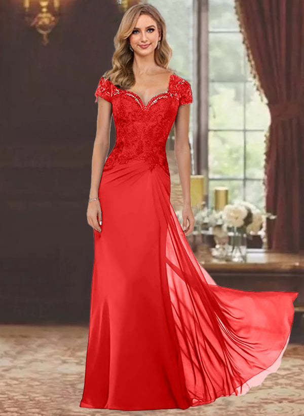 Sweetheart Short-Sleeve Floor-Length Sheath Mother of the Bride Dress with Lace Appliques & Sequins-BMbridal