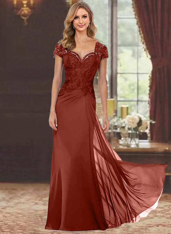 Sweetheart Short-Sleeve Floor-Length Sheath Mother of the Bride Dress with Lace Appliques & Sequins-BMbridal