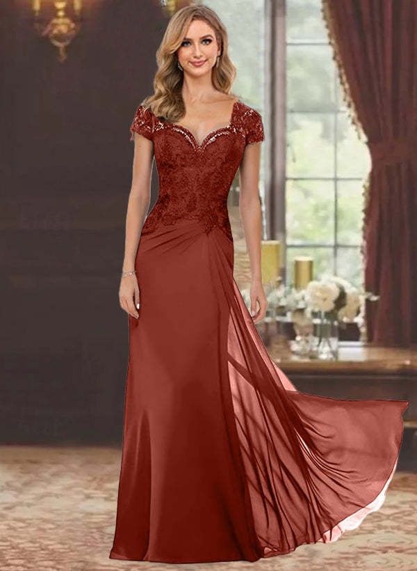 Sweetheart Short-Sleeve Floor-Length Sheath Mother of the Bride Dress with Lace Appliques & Sequins-BMbridal