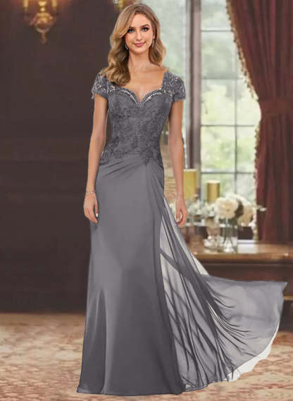 Sweetheart Short-Sleeve Floor-Length Sheath Mother of the Bride Dress with Lace Appliques & Sequins-BMbridal
