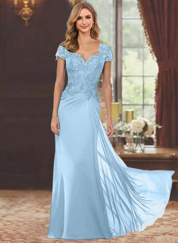 Sweetheart Short-Sleeve Floor-Length Sheath Mother of the Bride Dress with Lace Appliques & Sequins-BMbridal