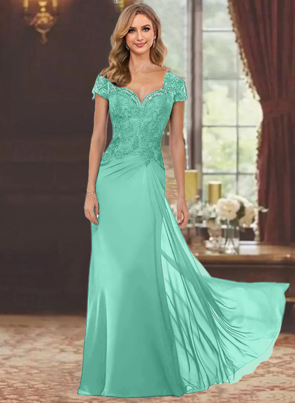 Sweetheart Short-Sleeve Floor-Length Sheath Mother of the Bride Dress with Lace Appliques & Sequins-BMbridal