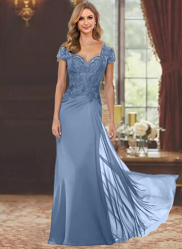 Sweetheart Short-Sleeve Floor-Length Sheath Mother of the Bride Dress with Lace Appliques & Sequins-BMbridal