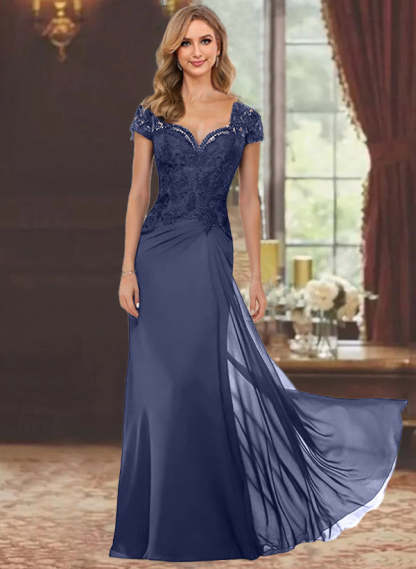 Sweetheart Short-Sleeve Floor-Length Sheath Mother of the Bride Dress with Lace Appliques & Sequins-BMbridal