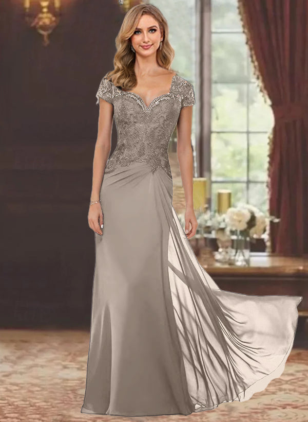 Sweetheart Short-Sleeve Floor-Length Sheath Mother of the Bride Dress with Lace Appliques & Sequins-BMbridal