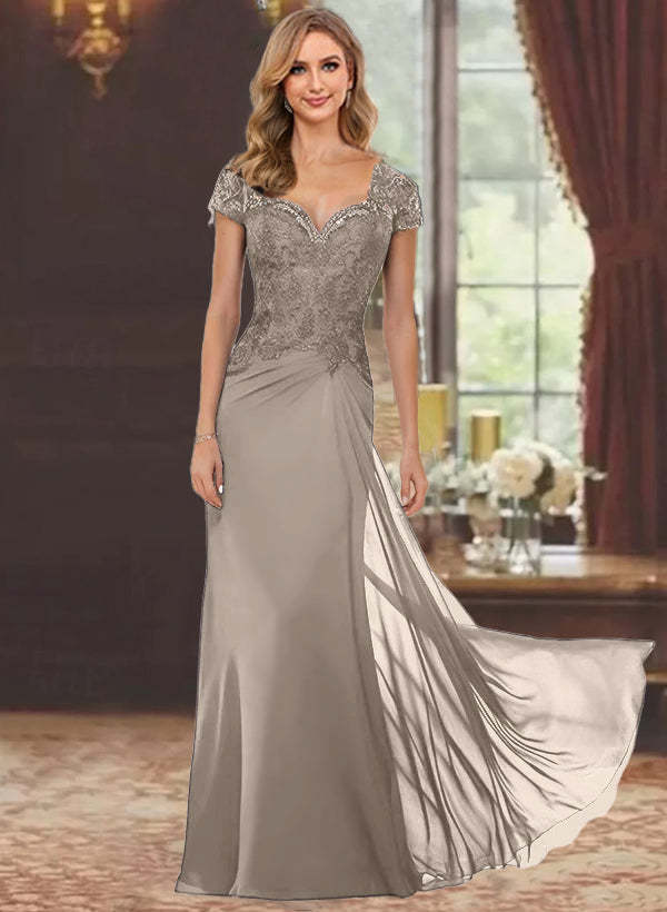 Sweetheart Short-Sleeve Floor-Length Sheath Mother of the Bride Dress with Lace Appliques & Sequins-BMbridal