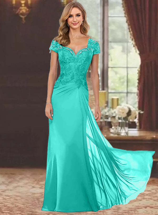 Sweetheart Short-Sleeve Floor-Length Sheath Mother of the Bride Dress with Lace Appliques & Sequins-BMbridal