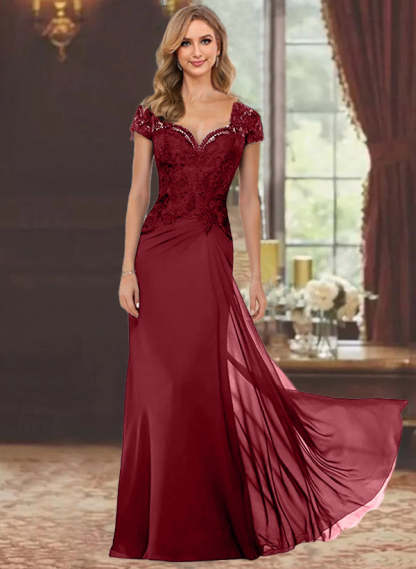 Sweetheart Short-Sleeve Floor-Length Sheath Mother of the Bride Dress with Lace Appliques & Sequins-BMbridal