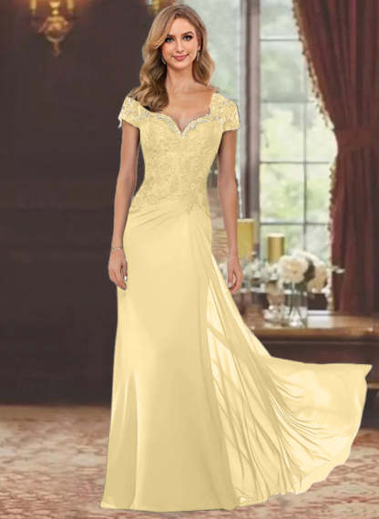 Sweetheart Short-Sleeve Floor-Length Sheath Mother of the Bride Dress with Lace Appliques & Sequins-BMbridal