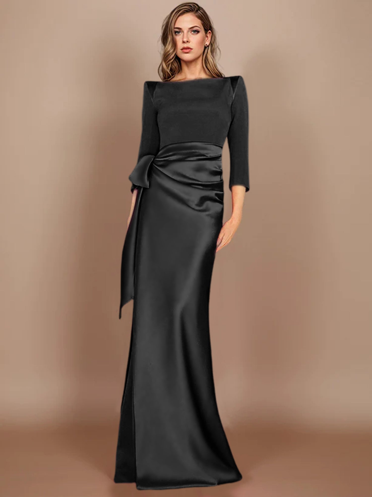 Floor-Length Mother of the Bride Dress with Bow and 3/4 Sleeves in Sheath/Column Style-BMbridal