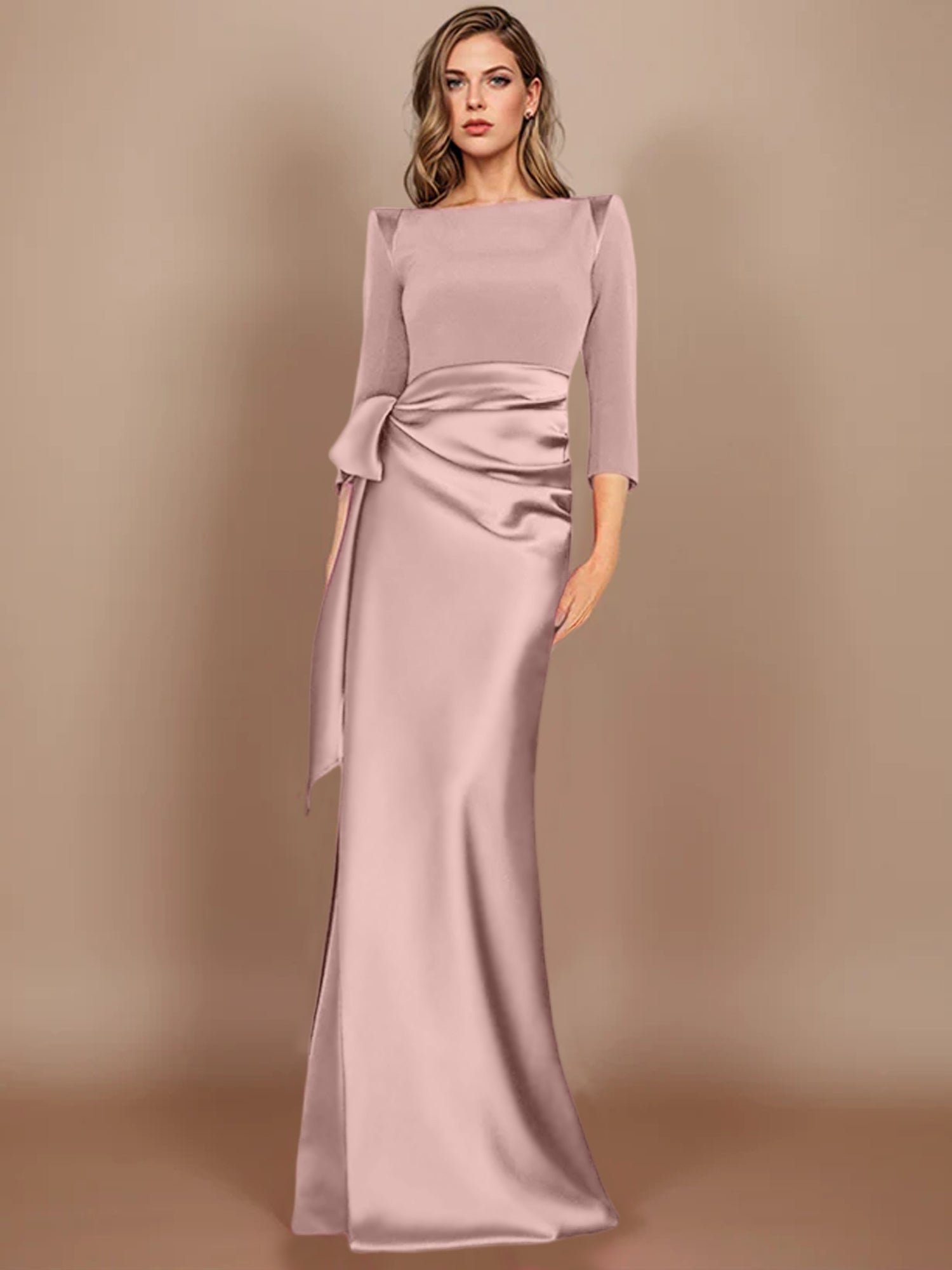 Floor-Length Mother of the Bride Dress with Bow and 3/4 Sleeves in Sheath/Column Style-BMbridal