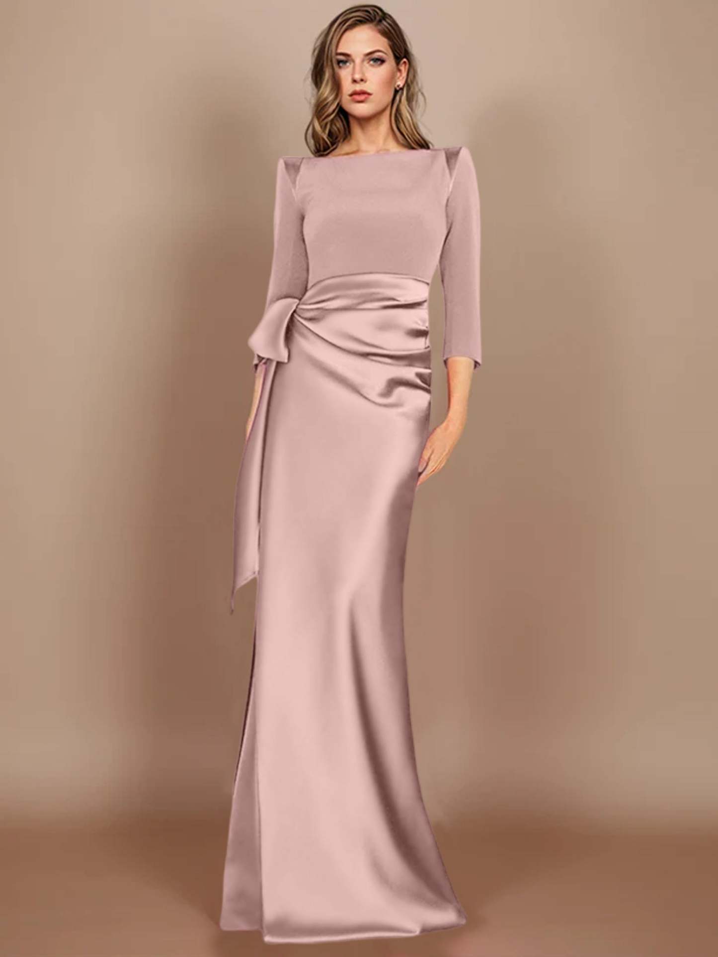 Floor-Length Mother of the Bride Dress with Bow and 3/4 Sleeves in Sheath/Column Style-BMbridal
