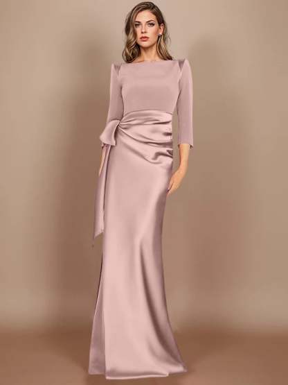 Floor-Length Mother of the Bride Dress with Bow and 3/4 Sleeves in Sheath/Column Style-BMbridal