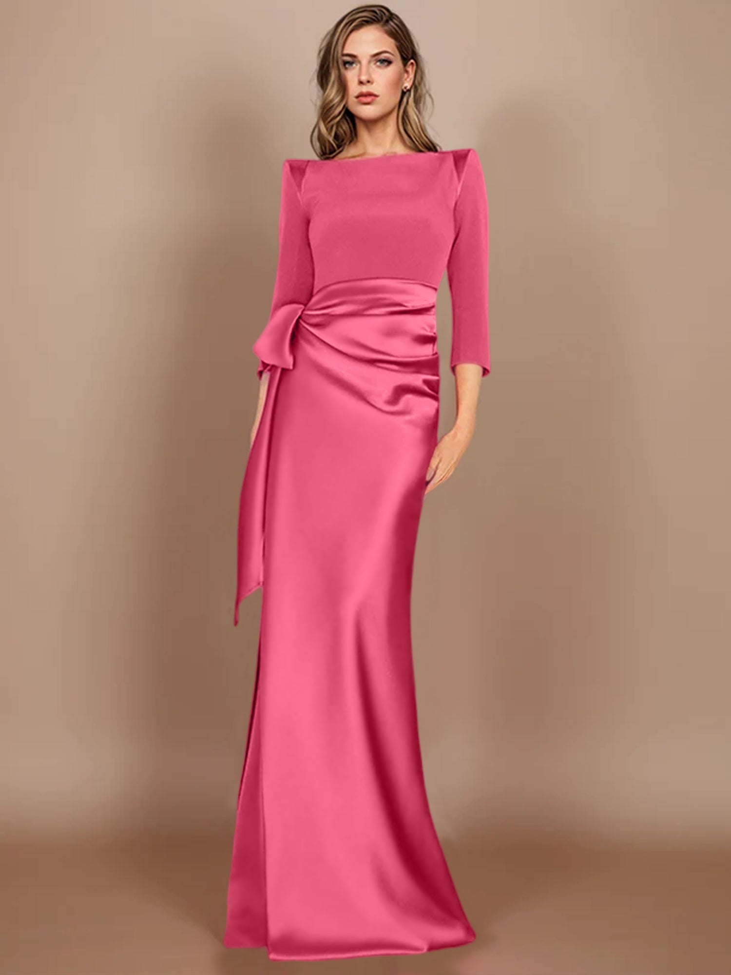Floor-Length Mother of the Bride Dress with Bow and 3/4 Sleeves in Sheath/Column Style-BMbridal