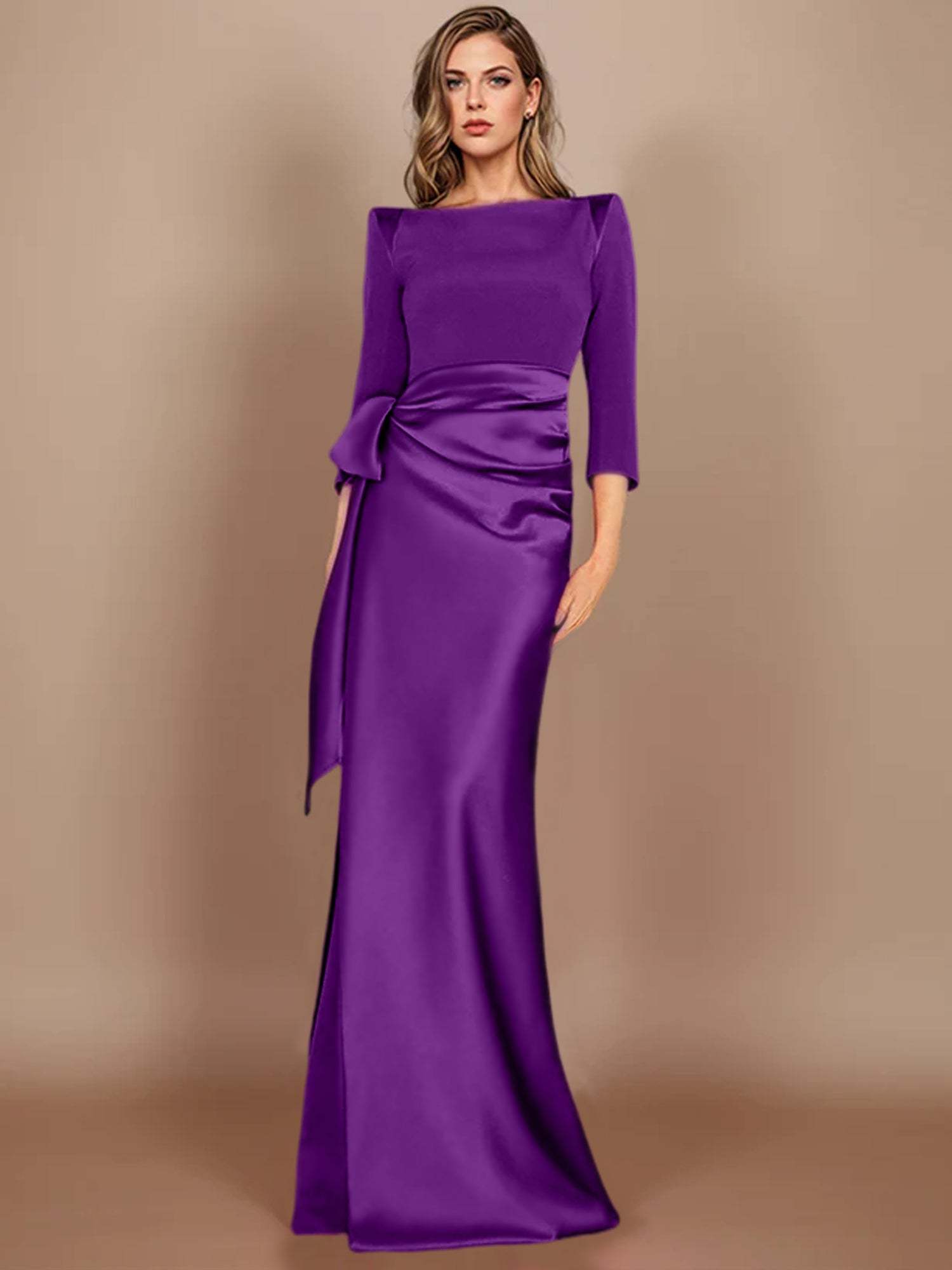 Floor-Length Mother of the Bride Dress with Bow and 3/4 Sleeves in Sheath/Column Style-BMbridal