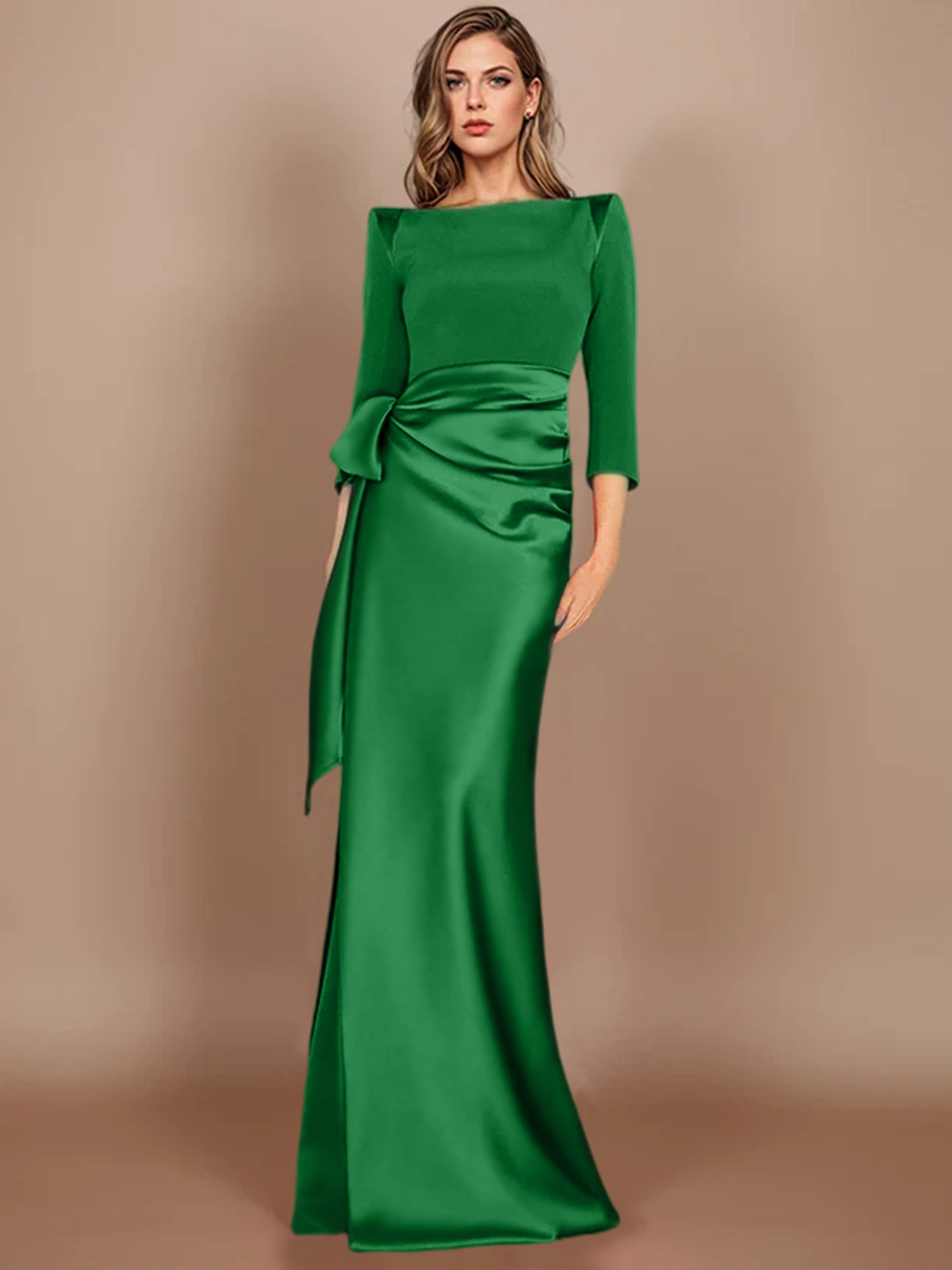Floor-Length Mother of the Bride Dress with Bow and 3/4 Sleeves in Sheath/Column Style-BMbridal