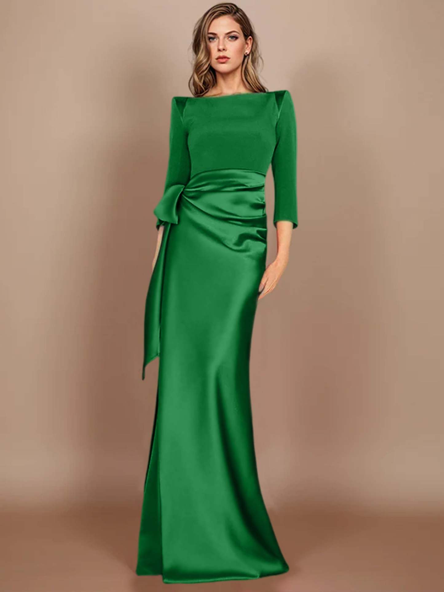Floor-Length Mother of the Bride Dress with Bow and 3/4 Sleeves in Sheath/Column Style-BMbridal