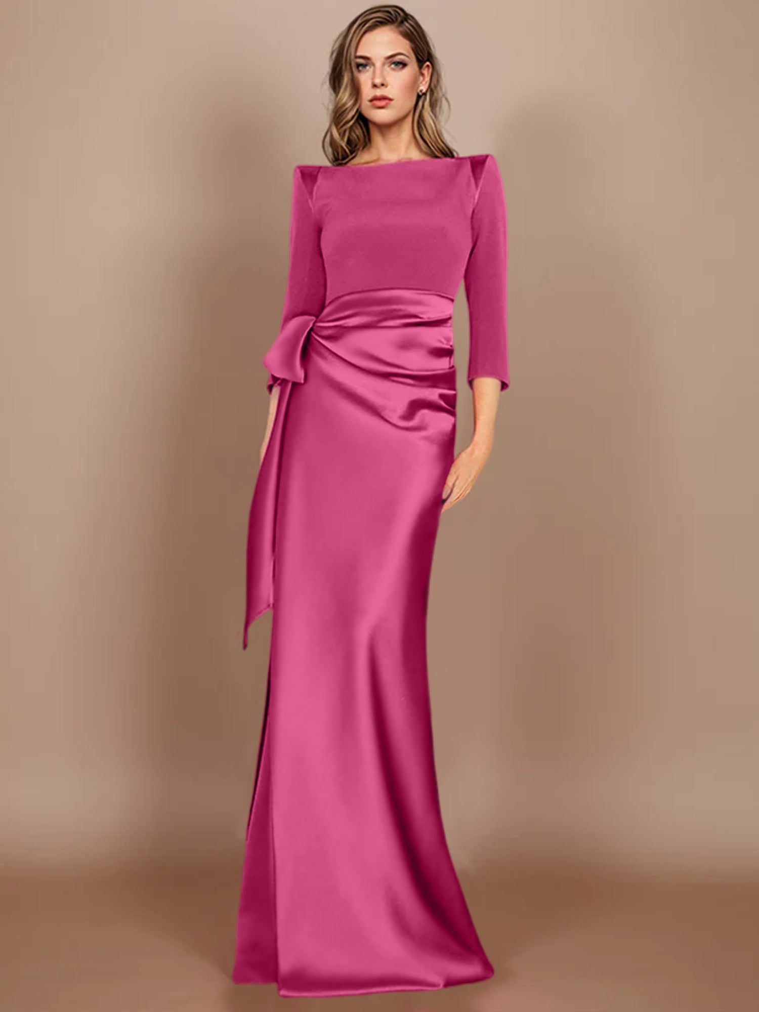 Floor-Length Mother of the Bride Dress with Bow and 3/4 Sleeves in Sheath/Column Style-BMbridal