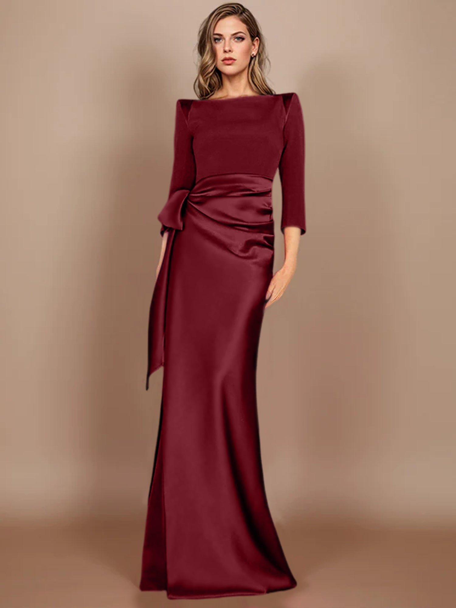 Floor-Length Mother of the Bride Dress with Bow and 3/4 Sleeves in Sheath/Column Style-BMbridal