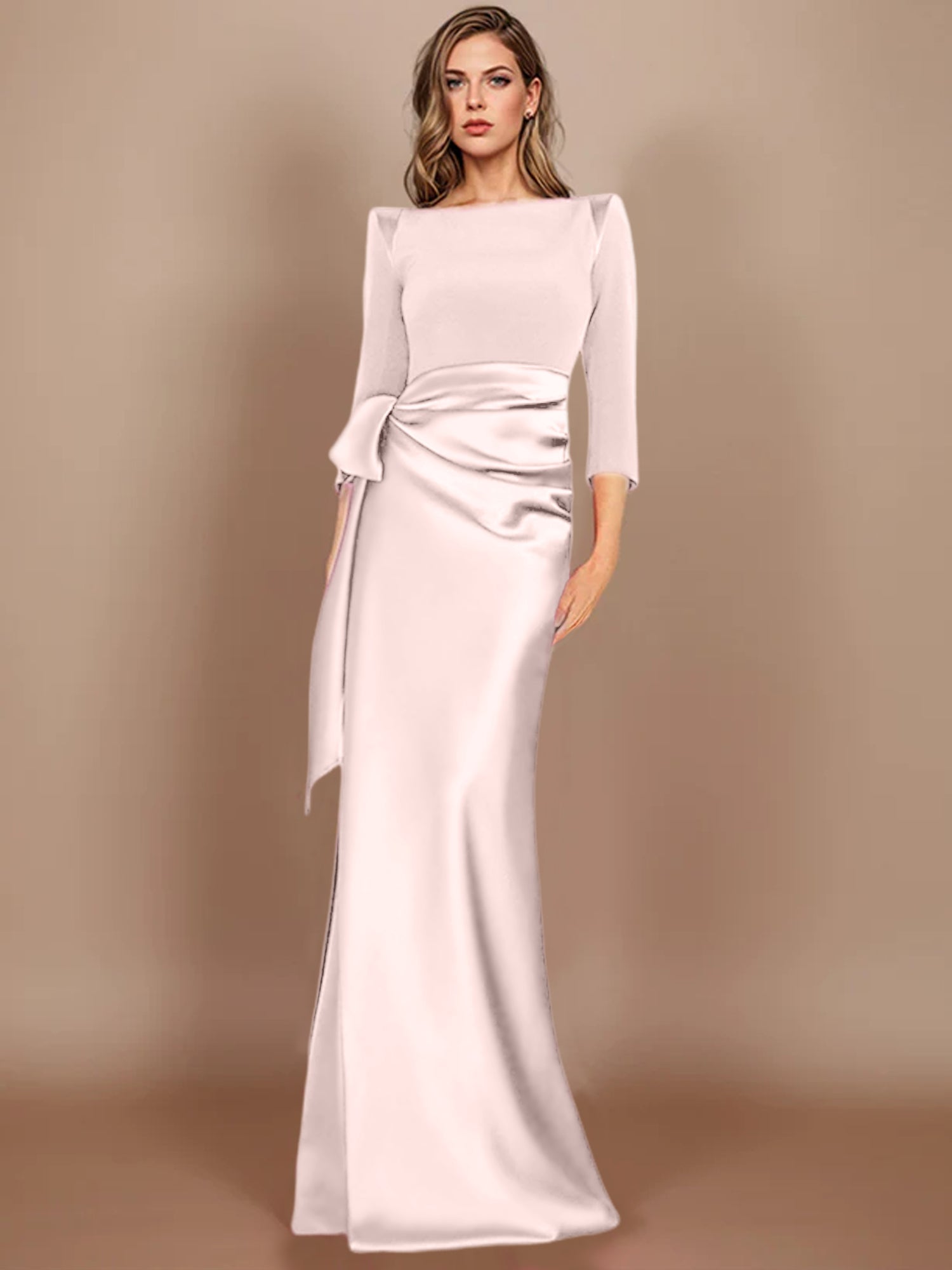 Floor-Length Mother of the Bride Dress with Bow and 3/4 Sleeves in Sheath/Column Style-BMbridal
