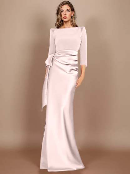 Floor-Length Mother of the Bride Dress with Bow and 3/4 Sleeves in Sheath/Column Style-BMbridal