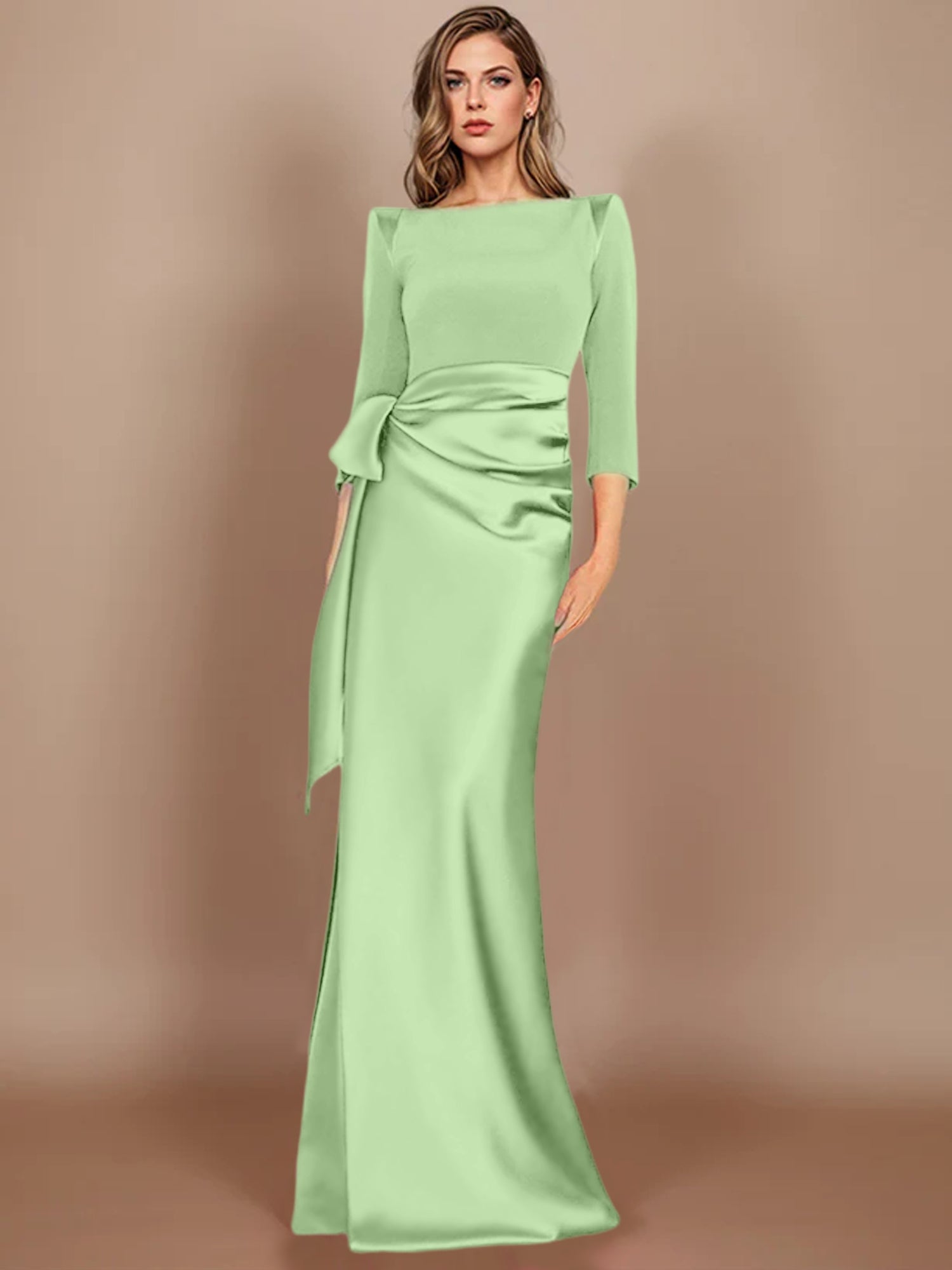 Floor-Length Mother of the Bride Dress with Bow and 3/4 Sleeves in Sheath/Column Style-BMbridal