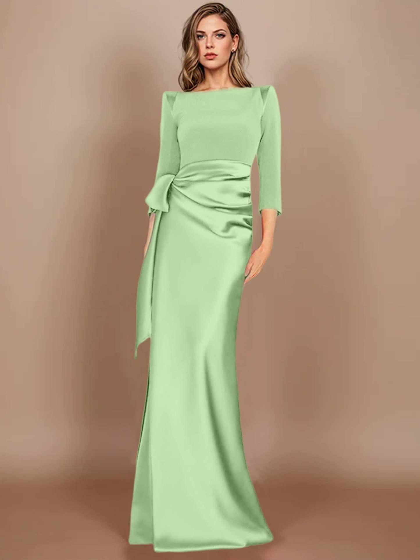 Floor-Length Mother of the Bride Dress with Bow and 3/4 Sleeves in Sheath/Column Style-BMbridal