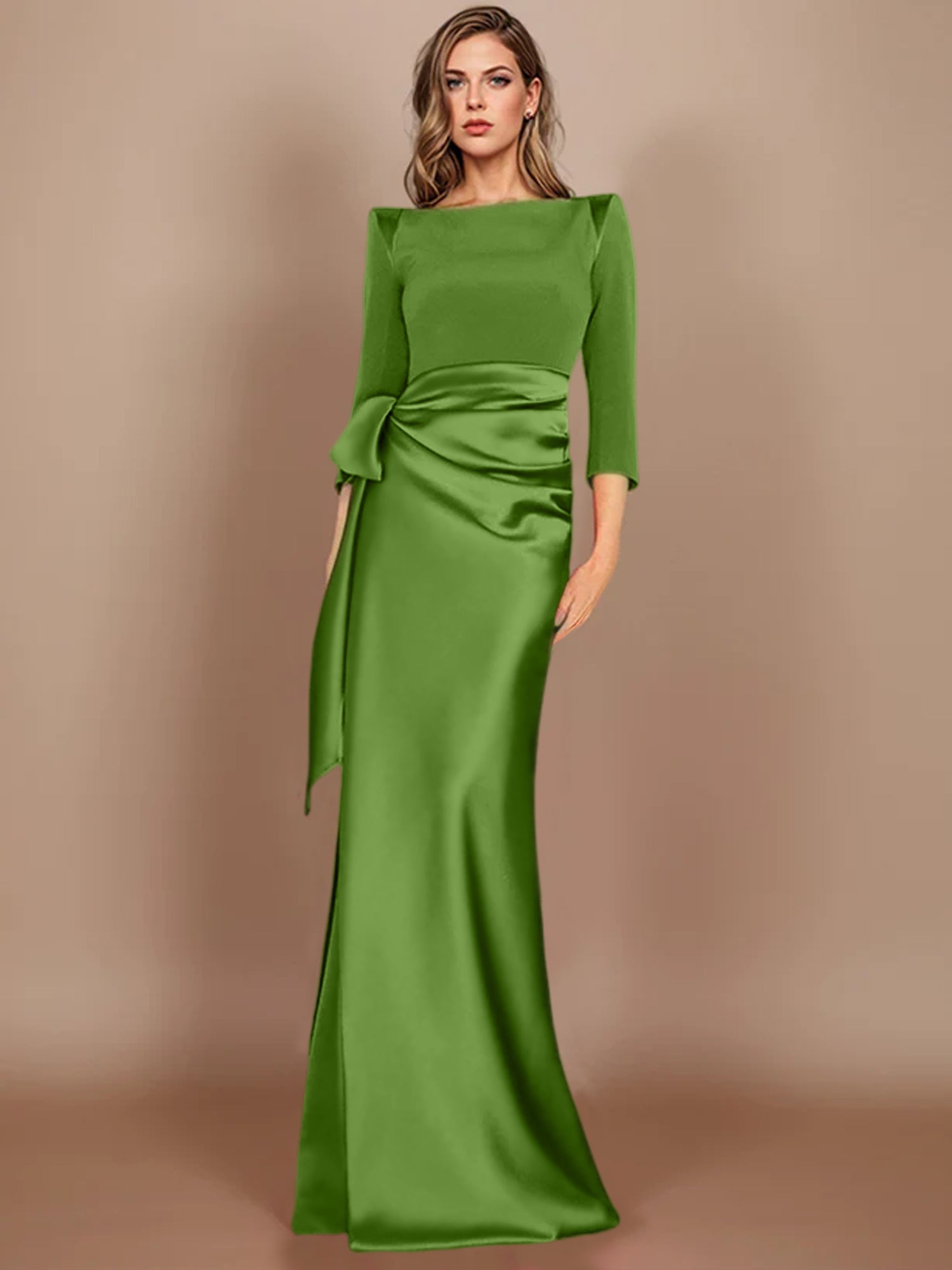 Floor-Length Mother of the Bride Dress with Bow and 3/4 Sleeves in Sheath/Column Style-BMbridal