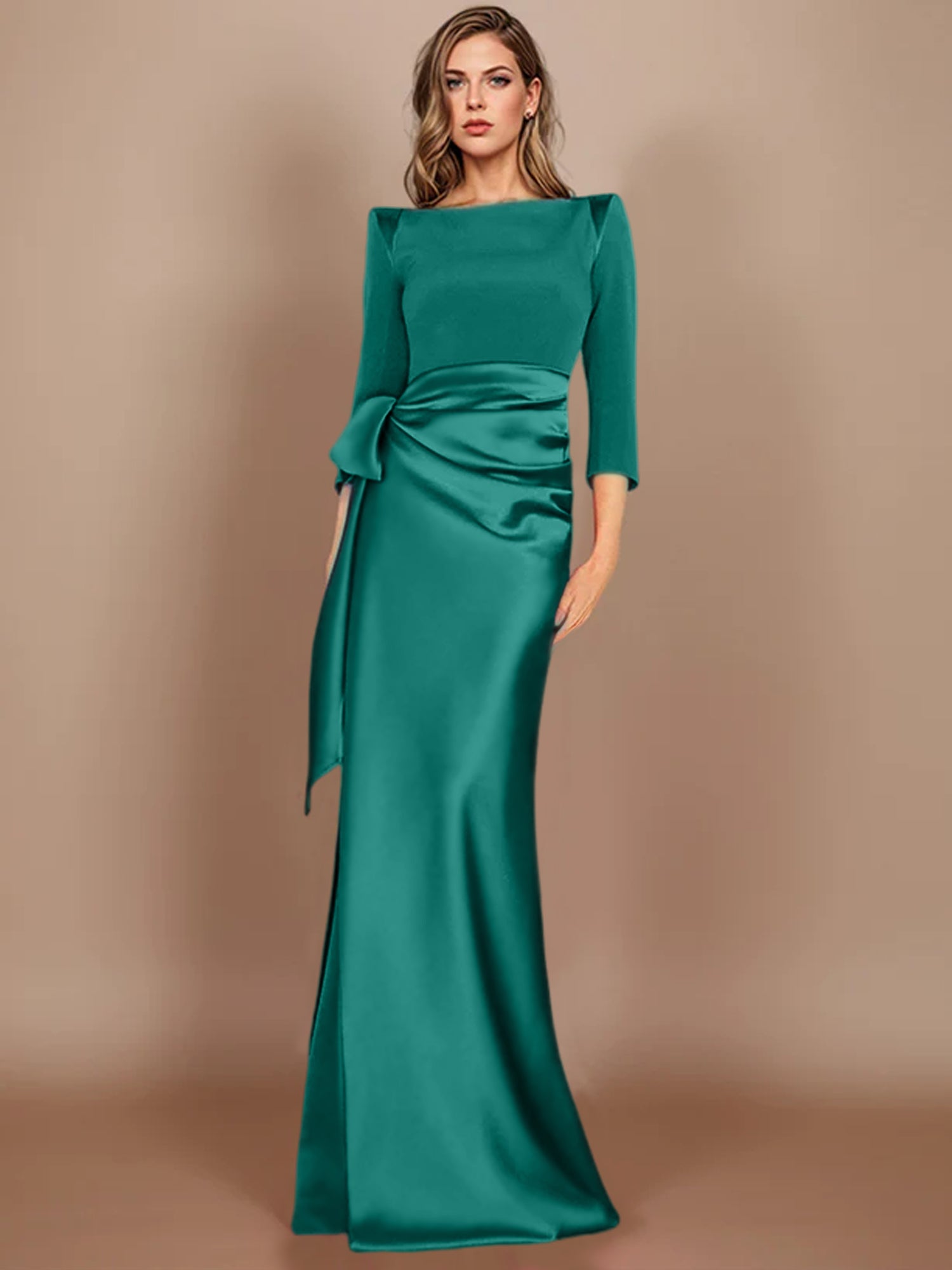 Floor-Length Mother of the Bride Dress with Bow and 3/4 Sleeves in Sheath/Column Style-BMbridal