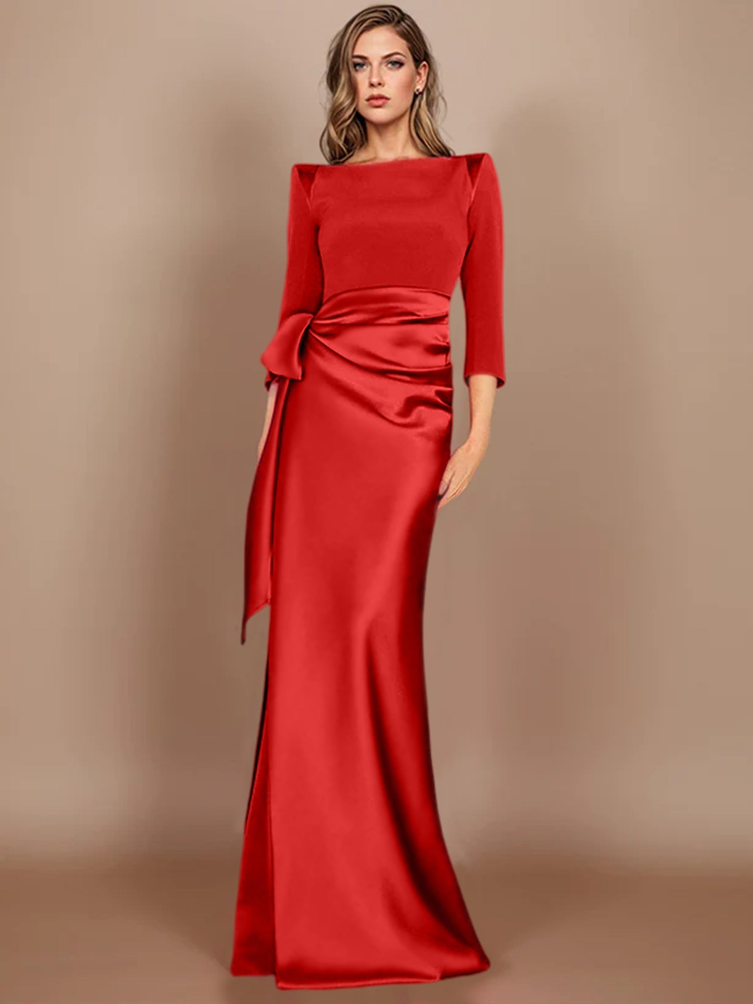 Floor-Length Mother of the Bride Dress with Bow and 3/4 Sleeves in Sheath/Column Style-BMbridal