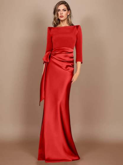 Floor-Length Mother of the Bride Dress with Bow and 3/4 Sleeves in Sheath/Column Style-BMbridal